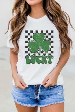 Hot Dear-Lover Checker LUCKY Clover Printed St Patricks T Shirt White