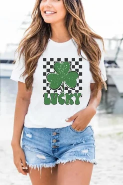 Hot Dear-Lover Checker LUCKY Clover Printed St Patricks T Shirt White