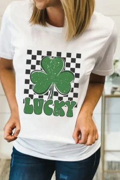 Hot Dear-Lover Checker LUCKY Clover Printed St Patricks T Shirt White
