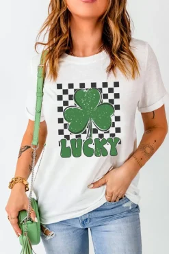 Hot Dear-Lover Checker LUCKY Clover Printed St Patricks T Shirt White