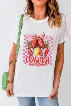 Outlet Dear-Lover Checkerboard Bow Crawfish Season Printed Crewneck T Shirt White
