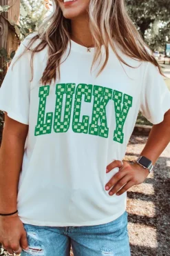 Best Dear-Lover Checkerboard LUCKY Graphic St Patrick Tee White