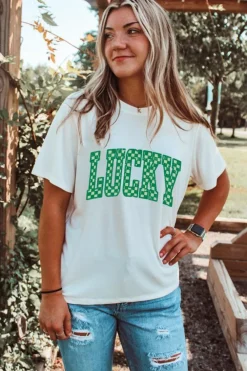 Best Dear-Lover Checkerboard LUCKY Graphic St Patrick Tee White