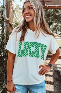 Best Dear-Lover Checkerboard LUCKY Graphic St Patrick Tee White