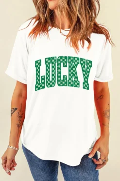 Best Dear-Lover Checkerboard LUCKY Graphic St Patrick Tee White