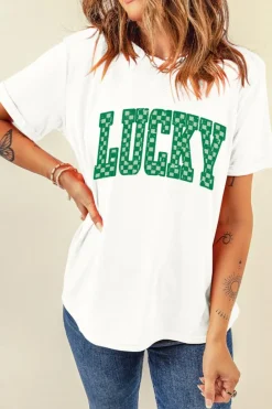 Best Dear-Lover Checkerboard LUCKY Graphic St Patrick Tee White