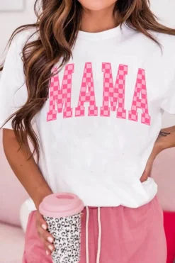 Discount Dear-Lover Checkered MAMA Letter Graphic T Shirt White