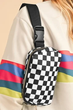 Best Dear-Lover Checkered Print Buckle Wide Belt Crossbody Bag White