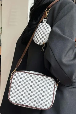 Hot Dear-Lover Checkered Print PU Leather Shoulder Bag with Coin Wallet White