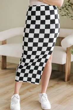 Outlet Dear-Lover Checkered Print Side Slit High Waist Midi Skirt White