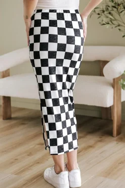 Outlet Dear-Lover Checkered Print Side Slit High Waist Midi Skirt White