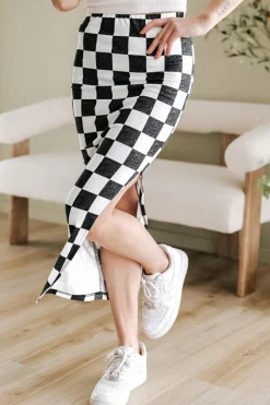 Outlet Dear-Lover Checkered Print Side Slit High Waist Midi Skirt White