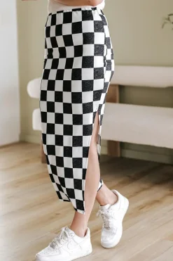 Outlet Dear-Lover Checkered Print Side Slit High Waist Midi Skirt White