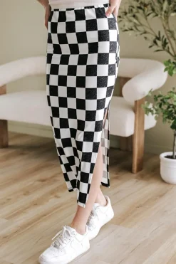 Outlet Dear-Lover Checkered Print Side Slit High Waist Midi Skirt White