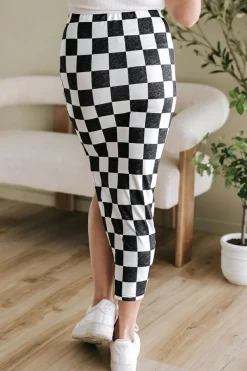 Outlet Dear-Lover Checkered Print Side Slit High Waist Midi Skirt White