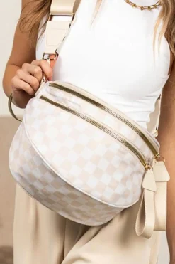 Clearance Dear-Lover Checkered Print Wide Strap Large Crossbody Bag White
