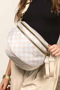 Clearance Dear-Lover Checkered Print Wide Strap Large Crossbody Bag White