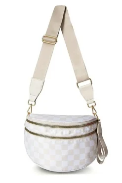 Clearance Dear-Lover Checkered Print Wide Strap Large Crossbody Bag White