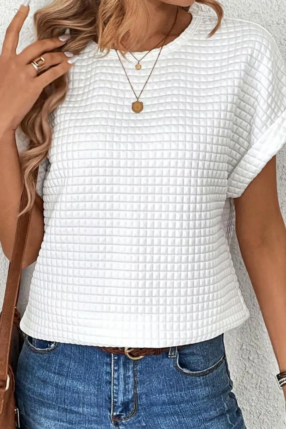 Fashion Dear-Lover Checkered Textured Bat Sleeve T Shirt White