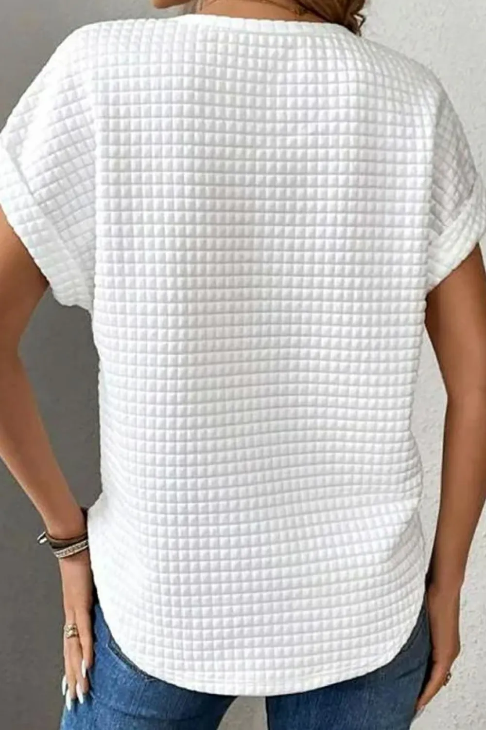 Fashion Dear-Lover Checkered Textured Bat Sleeve T Shirt White