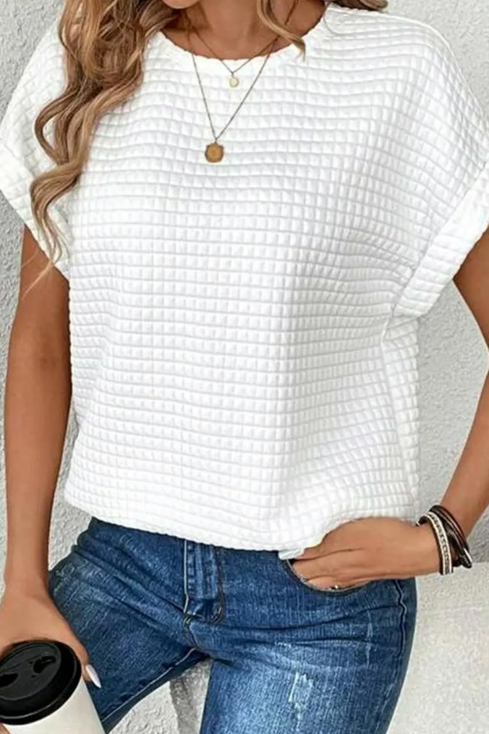 Fashion Dear-Lover Checkered Textured Bat Sleeve T Shirt White