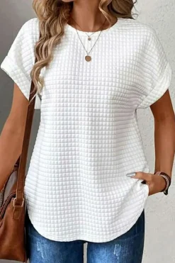 Fashion Dear-Lover Checkered Textured Bat Sleeve T Shirt White