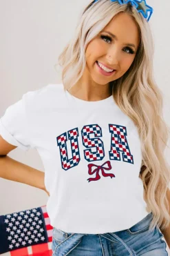 Outlet Dear-Lover Checkered USA Graphic Casual Tee White
