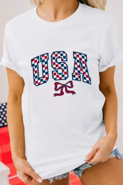 Outlet Dear-Lover Checkered USA Graphic Casual Tee White