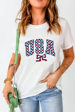 Outlet Dear-Lover Checkered USA Graphic Casual Tee White