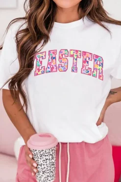 Discount Dear-Lover Cheerful Leopard EASTER Letter Graphic Tee White