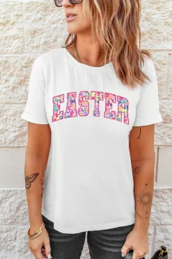 Discount Dear-Lover Cheerful Leopard EASTER Letter Graphic Tee White