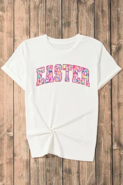 Discount Dear-Lover Cheerful Leopard EASTER Letter Graphic Tee White