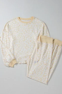 Fashion Dear-Lover Cheetah Print Two Piece Loose Fit Cozy Loungewear White