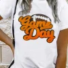 Best Dear-Lover Chenille Game Day Rugby Football Pattern Crewneck T Shirt White