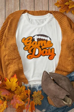 Best Dear-Lover Chenille Game Day Rugby Football Pattern Crewneck T Shirt White