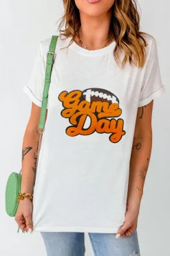 Best Dear-Lover Chenille Game Day Rugby Football Pattern Crewneck T Shirt White