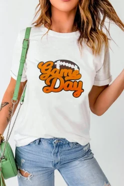 Best Dear-Lover Chenille Game Day Rugby Football Pattern Crewneck T Shirt White