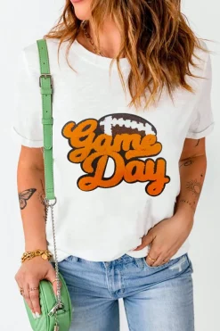 Best Dear-Lover Chenille Game Day Rugby Football Pattern Crewneck T Shirt White