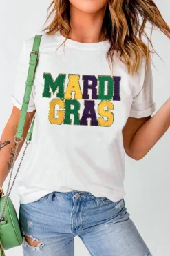 Clearance Dear-Lover Chenille MARDI GRAS Patched Graphic T Shirt White