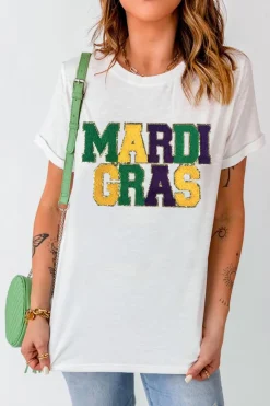 Clearance Dear-Lover Chenille MARDI GRAS Patched Graphic T Shirt White