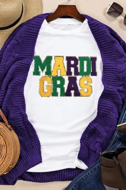 Clearance Dear-Lover Chenille MARDI GRAS Patched Graphic T Shirt White