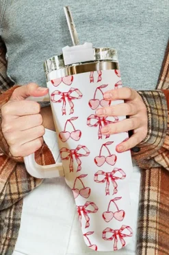 Hot Dear-Lover Cherry Bowknot Stylish Large Tumbler with Handle 40oz White