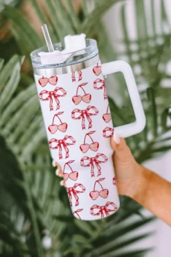 Hot Dear-Lover Cherry Bowknot Stylish Large Tumbler with Handle 40oz White
