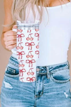 Hot Dear-Lover Cherry Bowknot Stylish Large Tumbler with Handle 40oz White