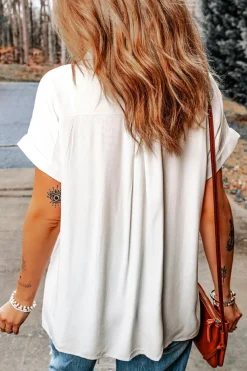 Clearance Dear-Lover Chest Pocket Buttoned Rolled Short Sleeve Shirt White