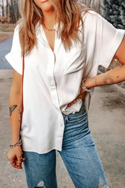 Clearance Dear-Lover Chest Pocket Buttoned Rolled Short Sleeve Shirt White