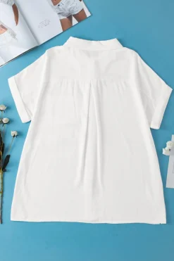 Clearance Dear-Lover Chest Pocket Buttoned Rolled Short Sleeve Shirt White