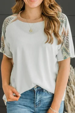 Discount Dear-Lover Chevron Patchwork Raglan Sleeve Knitted T Shirt White