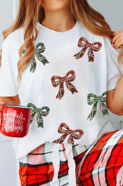 Online Dear-Lover Christmas Bowknot Graphic Cotton Blend T Shirt White