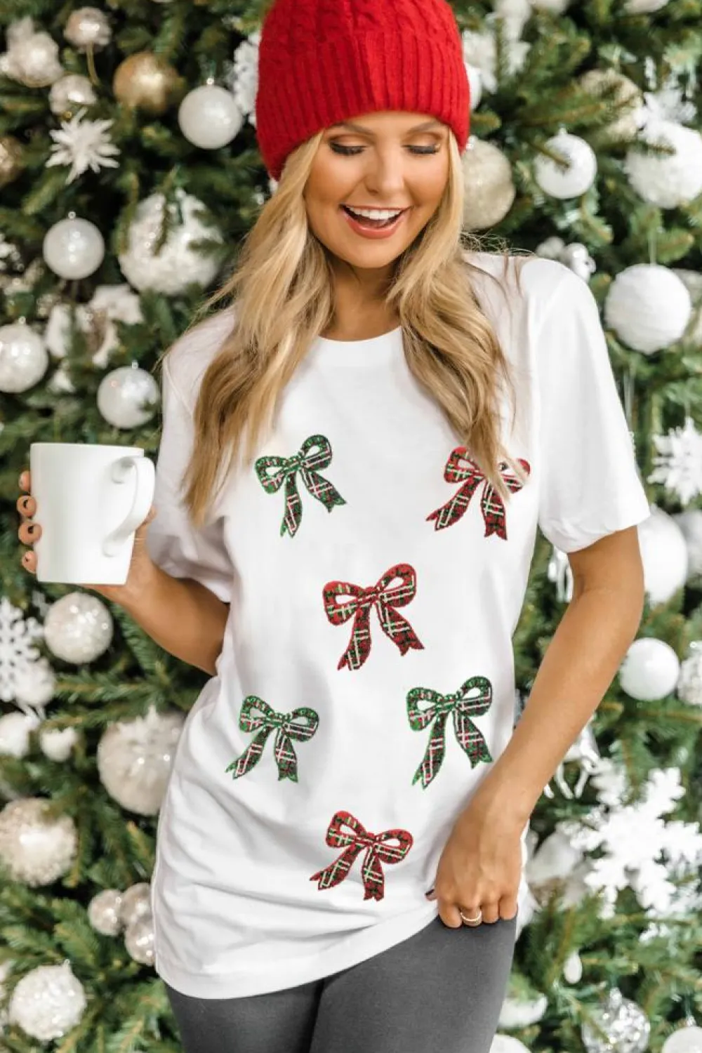 Online Dear-Lover Christmas Bowknot Graphic Cotton Blend T Shirt White